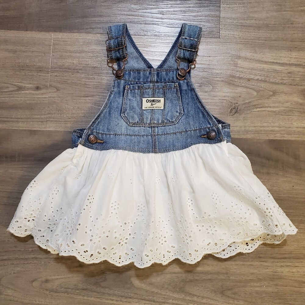 Oshkosh Vestbak Girls 6-9 Month Denim And Eyelet Lace Overall Dress
